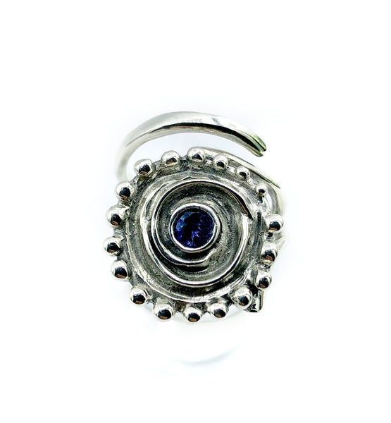 sun ring, swirl ring, large silver sun ring blue iolite ring 