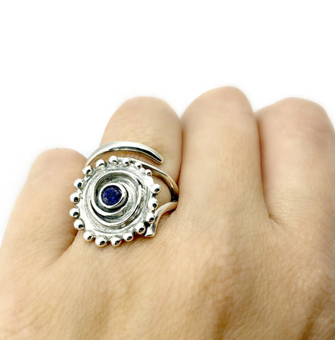 sun ring, swirl ring, large silver sun ring blue iolite ring 