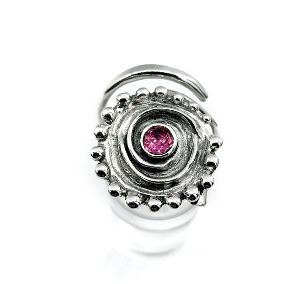 sun ring, swirl ring, large silver sun ring pink tourmaline ring 