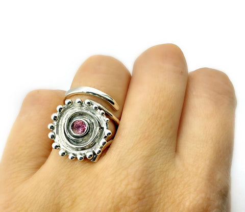 sun ring, swirl ring, large silver sun ring pink tourmaline ring 