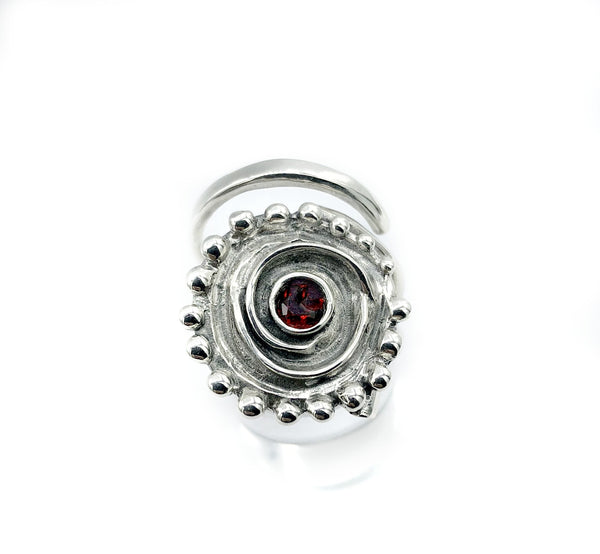 Sun Ring, swirl ring, large silver sun ring red garnet ring 