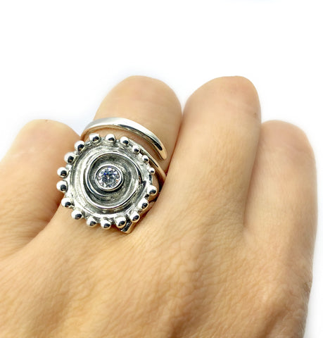 sun ring, swirl ring, large silver sun ring zircon ring 