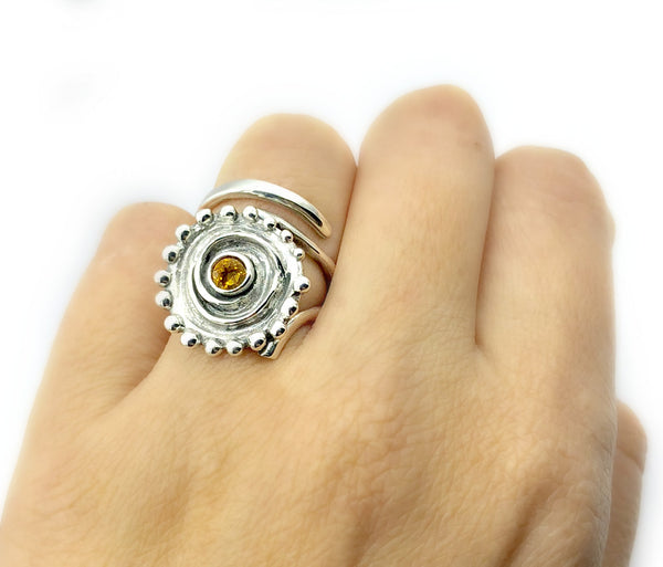 Sun ring, swirl ring, large silver sun ring citrine ring 