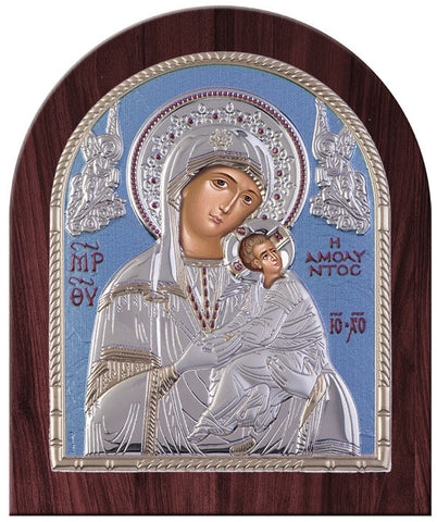Virgin Mary Amolyntos Greek Orthodox Silver Icon, Blue Ciel 20x24.5cm 