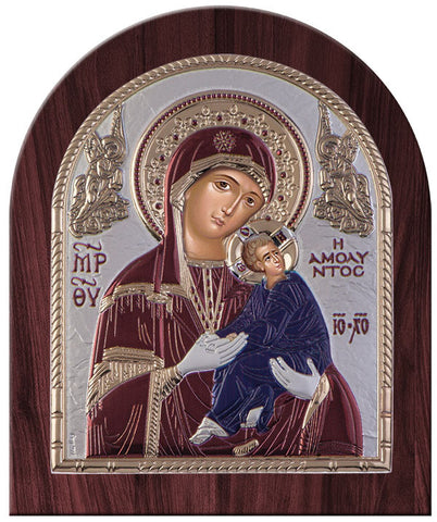 Virgin Mary Amolyntos Greek Orthodox Silver Icon, Burgundy 20x24.5cm 