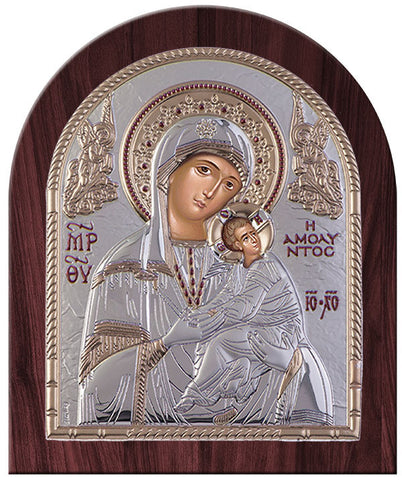 Virgin Mary Amolyntos Byzantine Greek Silver Icon Orthodox, Silver 15.9x19.2cm 