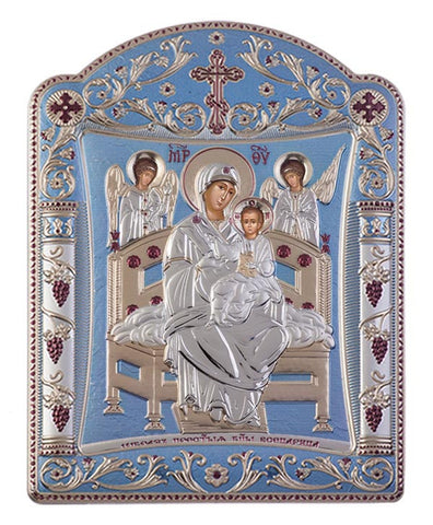 Virgin Mary Pantanassa - Greek Orthodox Silver Icon, Blue Ciel 22.7x30.5cm 