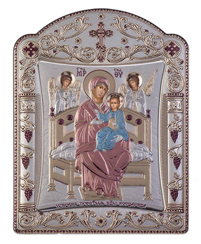 Virgin Mary Pantanassa - Greek Orthodox Silver Icon, Red & Blue 22.7x30.5cm 