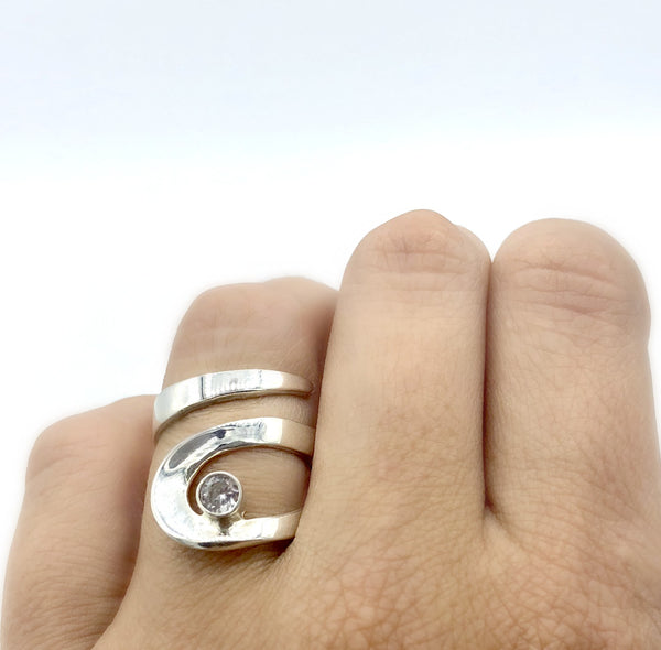 zircon silver adjustable ring, drop shape silver ring, contemporary silver ring 