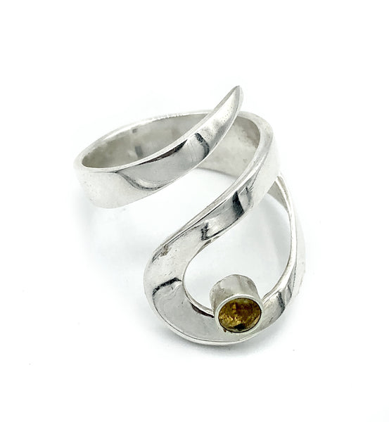 citrine silver adjustable ring, drop shape silver ring, contemporary silver ring 