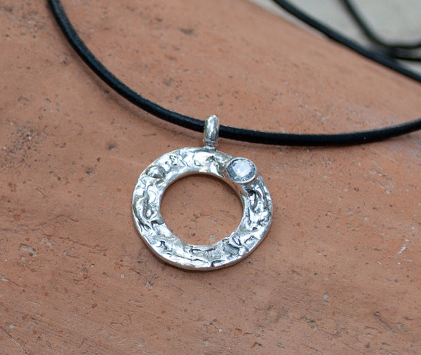 white zircon silver pendant, karma pendant, geometric circle pendant, zircon pendant 