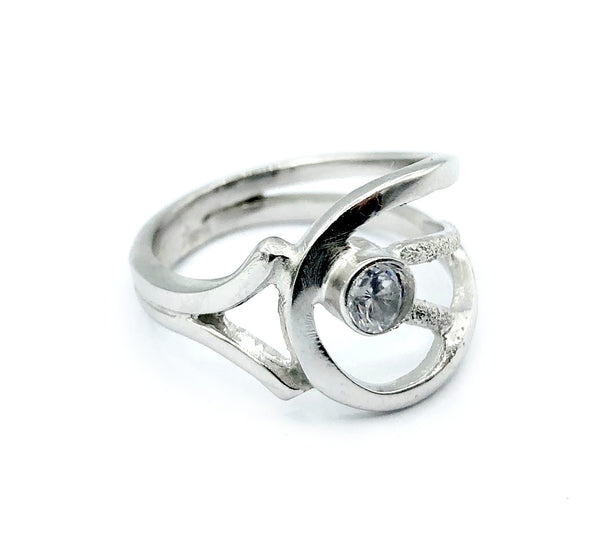 zircon ring, clear stone ring, modern silver ring 