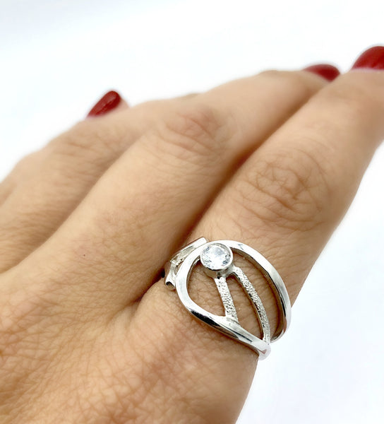 zircon ring, clear stone ring, modern silver ring 