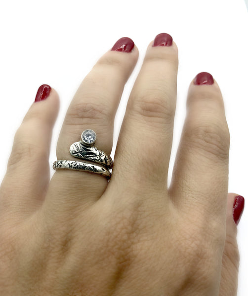 zircon ring, snake ring, clear stone ring, modern silver ring 