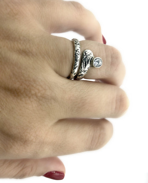zircon ring, snake ring, clear stone ring, modern silver ring 